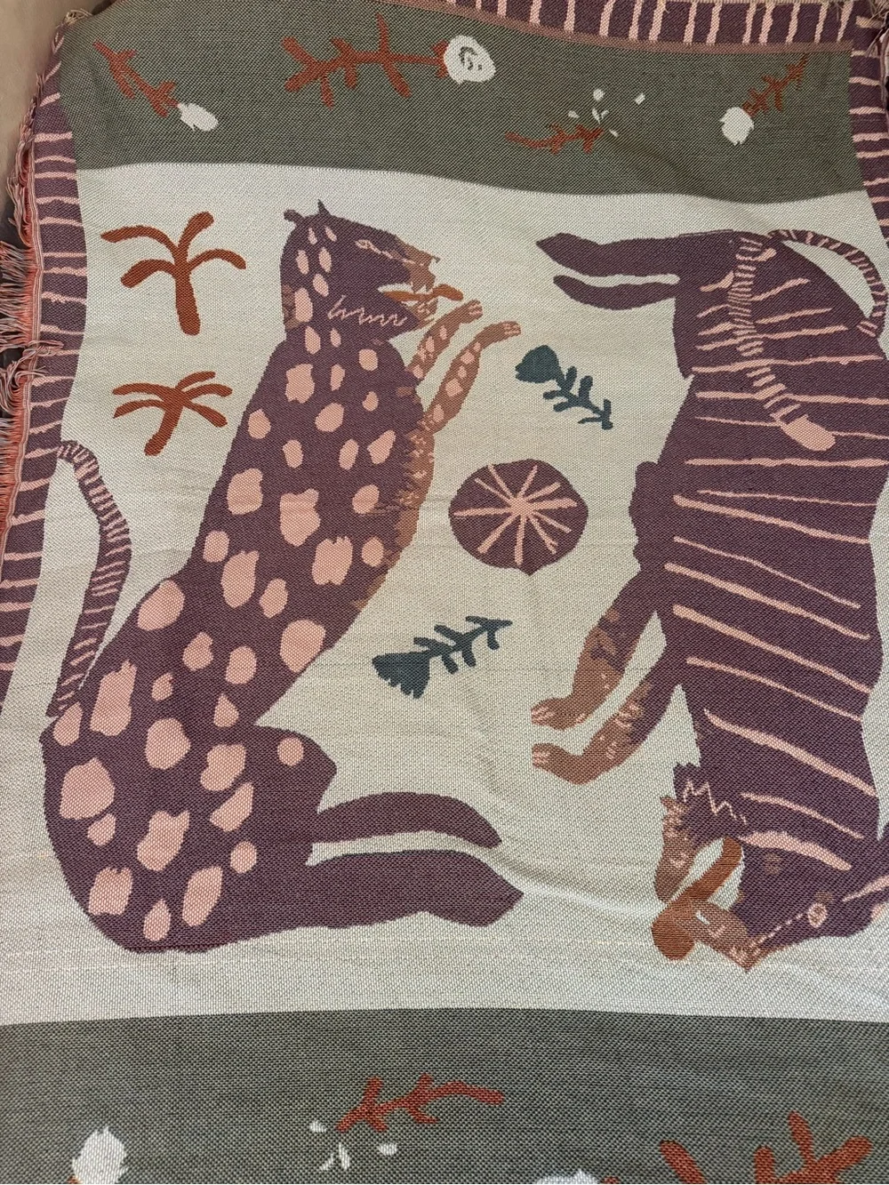 Safari Tiger & Leopard Woven Throw Blanket Fringe Tapestry 50” x 60”